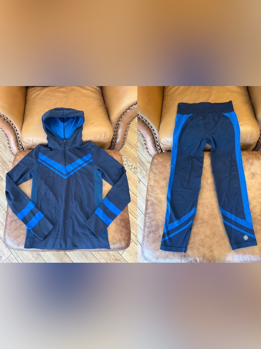 Tory Sport Seamless Chevron Half-Zip Pullover & Leggings Set Sz Large Navy Royal